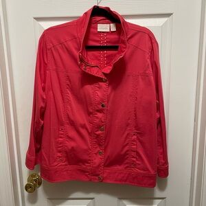 Chico's Size 3 (women’s 16/18) jacket that is bright coral or pinkish-red hue.